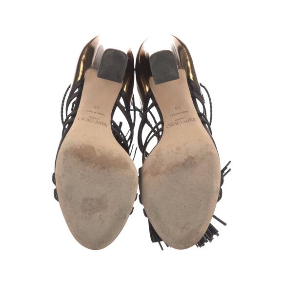 Jimmy Choo Diamond Black Satin Honey Gold Leather Sandals Tassels Heels Size 38 - Picture 11 of 13